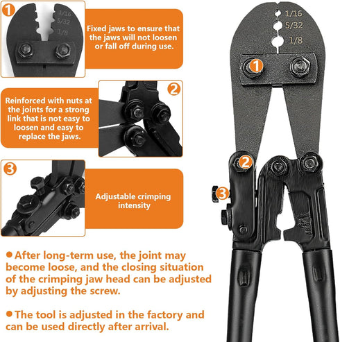 TooTaci Wire Rope Crimping Tool Kit, Include Cable Crimping Tool and Wire Rope Cutter, 14 in Wire Rope Swaging Tool for Crimping Loop sleeve from 1/16-inch to 1/8-inch